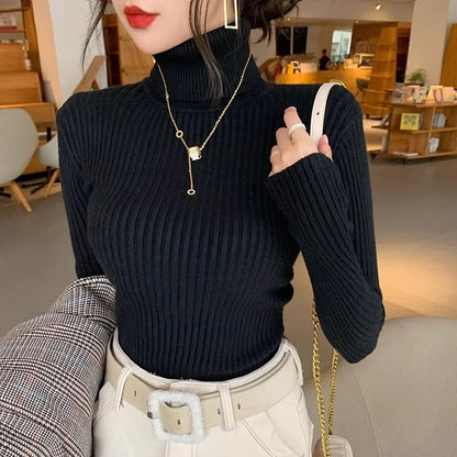 Women's ribbed long-sleeved turtleneck sweater, slim fit