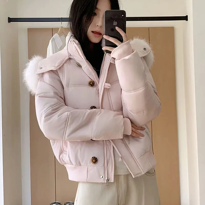 Damen Steppjacke mit Kunstfellkapuze, Kurz, Rosa