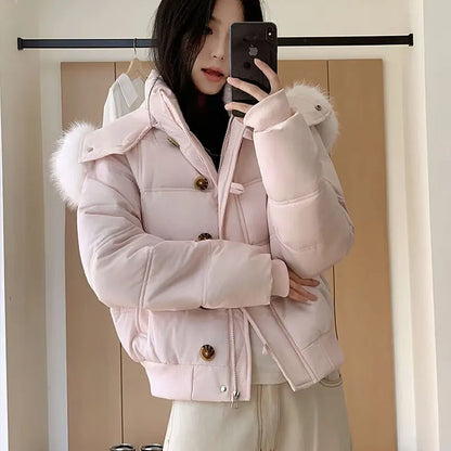 Damen Steppjacke mit Kunstfellkapuze, Kurz, Rosa