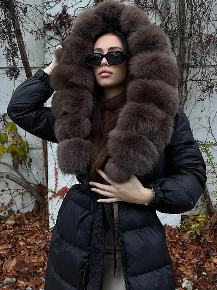 Women's black down coat with fur hood, long winter coat, belt, warm jacket