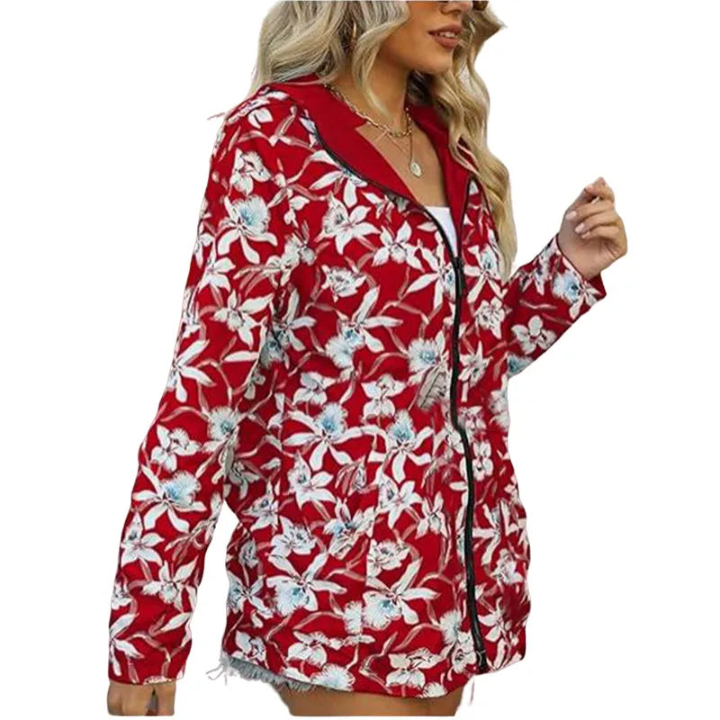 Reversible women's jacket with floral pattern, hood, and zipper, windbreaker
