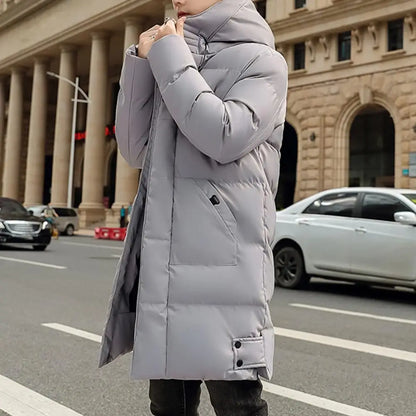 Men's long quilted coat with hood and zipper