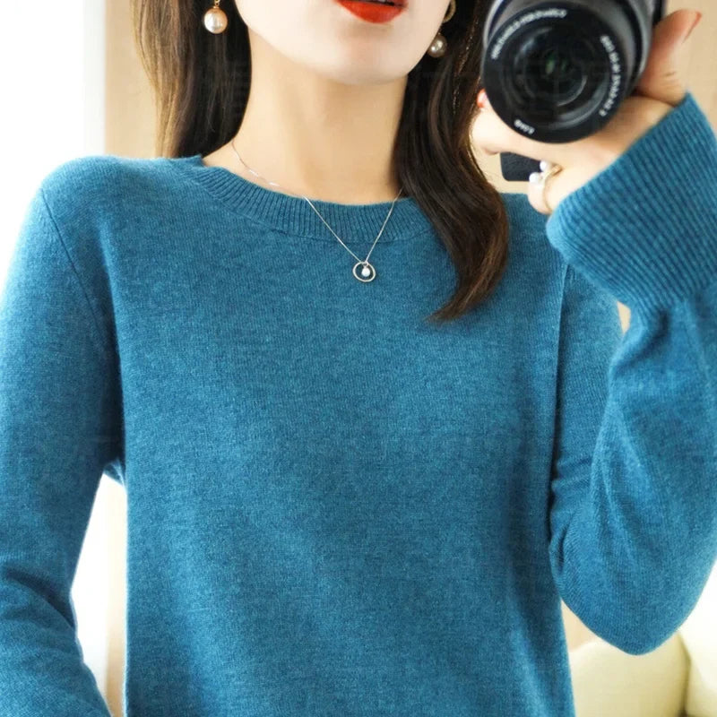 Damen Rundhals Pullover Langarm Basic Strickpullover