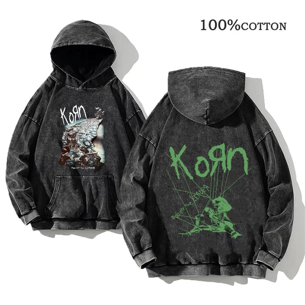 Hoodie Schwarz Grau Washed Oversize mit Band-Print Vorn & Hinten