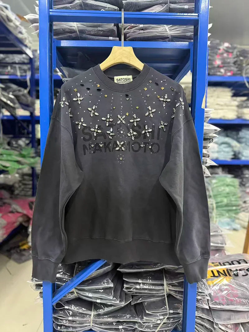 Unisex Crew-Neck Ombre Sweatshirt with Rhinestone Details
