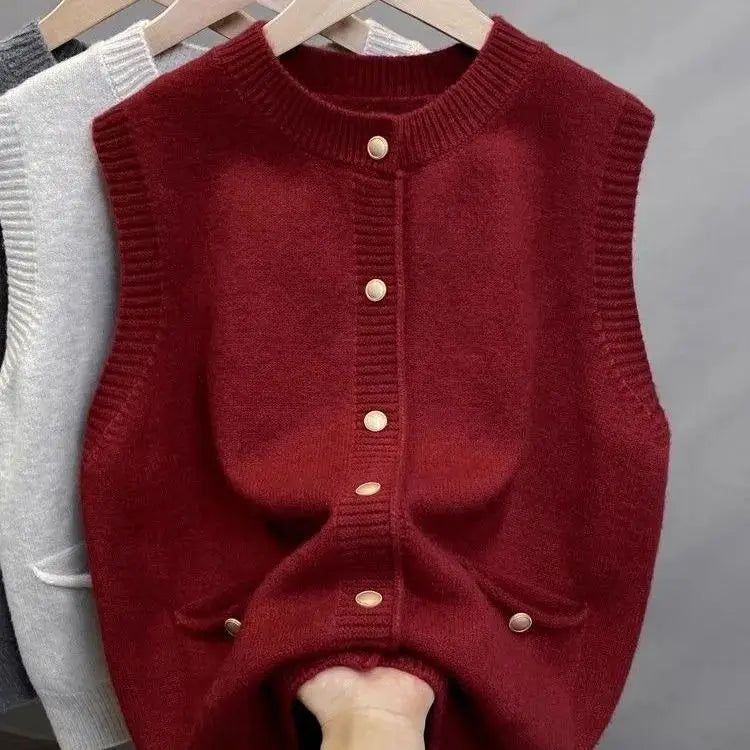 Women's knitted vest with crew neck, button placket, and pockets