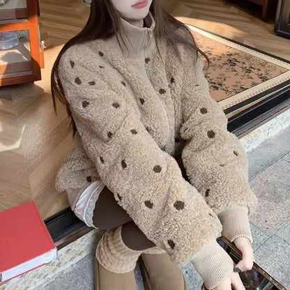 Women's teddy fleece jacket, beige with dots and high collar