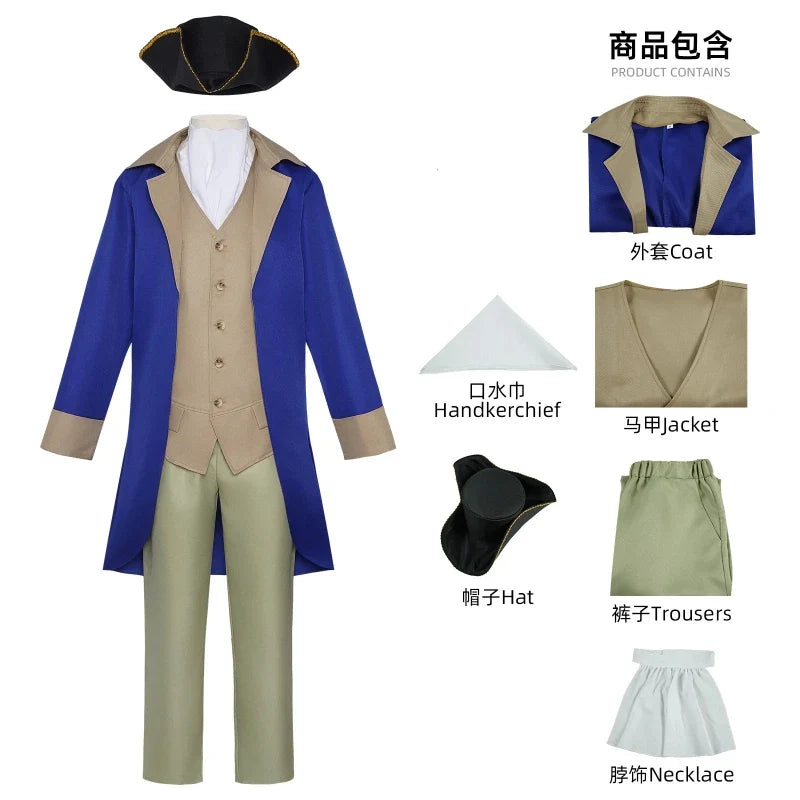 Men's historical costume set, blue and beige frock coat, vest, trousers, pirate hat