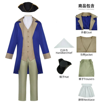 Men's historical costume set, blue and beige frock coat, vest, trousers, pirate hat