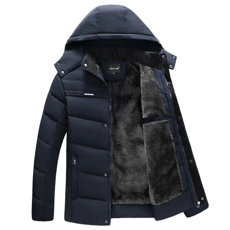 Men's hooded winter jacket, lined quilted jacket with zipper & buttons