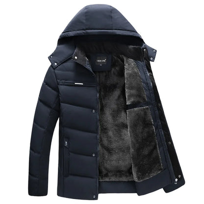 Men's hooded winter jacket, lined quilted jacket with zipper & buttons