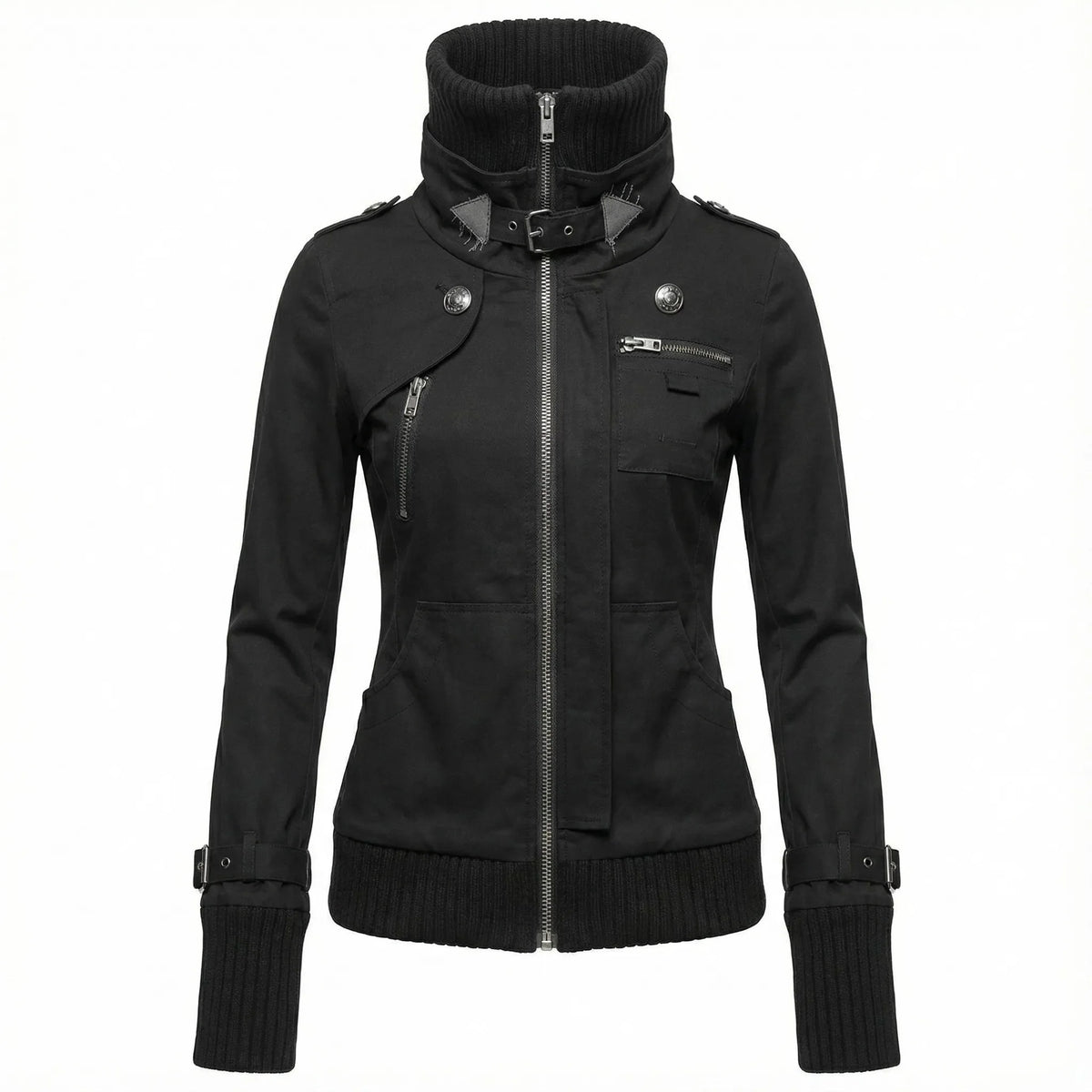 Damen Jacke Schwarz mit Stehkragen, Reißverschlüssen und Zierschnallen