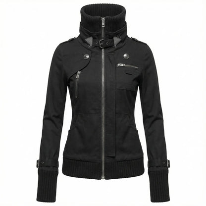 Damen Jacke Schwarz mit Stehkragen, Reißverschlüssen und Zierschnallen