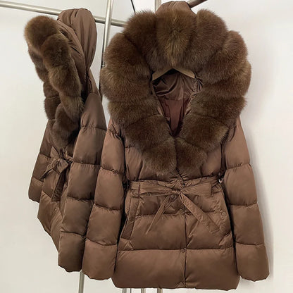 Damen Daunenjacke mit Kapuze, Pelzbesatz und Gürtel