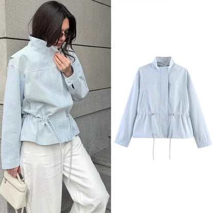 Women's Jacket with Stand Collar and Drawstring Waist