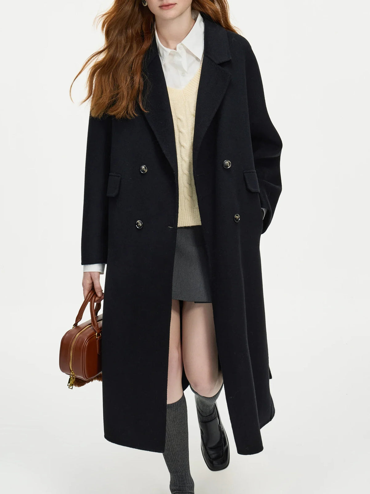 Women's long coat with tie belt and notched lapel