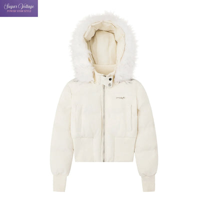 Women's short puffer jacket with faux-fur hood - winter jacket with zipper