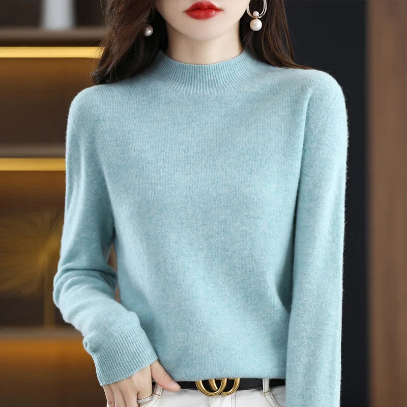 Women's sweater with stand-up collar, long-sleeved, fine-knit basic top