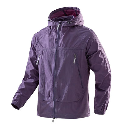 Lightweight hooded windbreaker jacket with zipper, for outdoor use