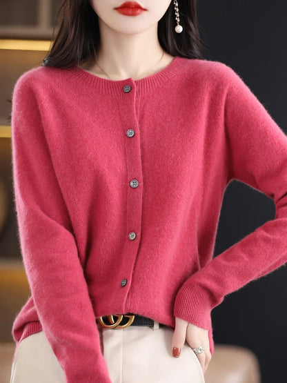Women's crew-neck knitted cardigan with button placket, long-sleeve