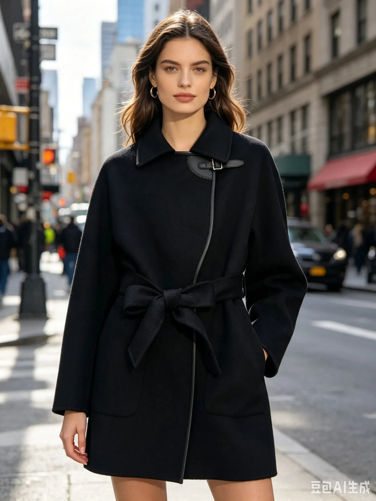 Short women's wrap coat with belt and buckle, black
