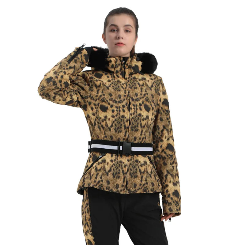 Women's ski jacket with check pattern and faux fur hood, belt, water-repellent