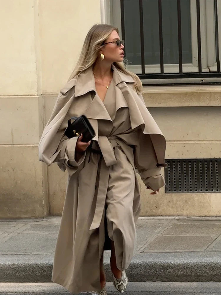 Oversized Damen Trenchcoat mit Gürtel und Stehkragen – Langer lockerer Übergangsmantel