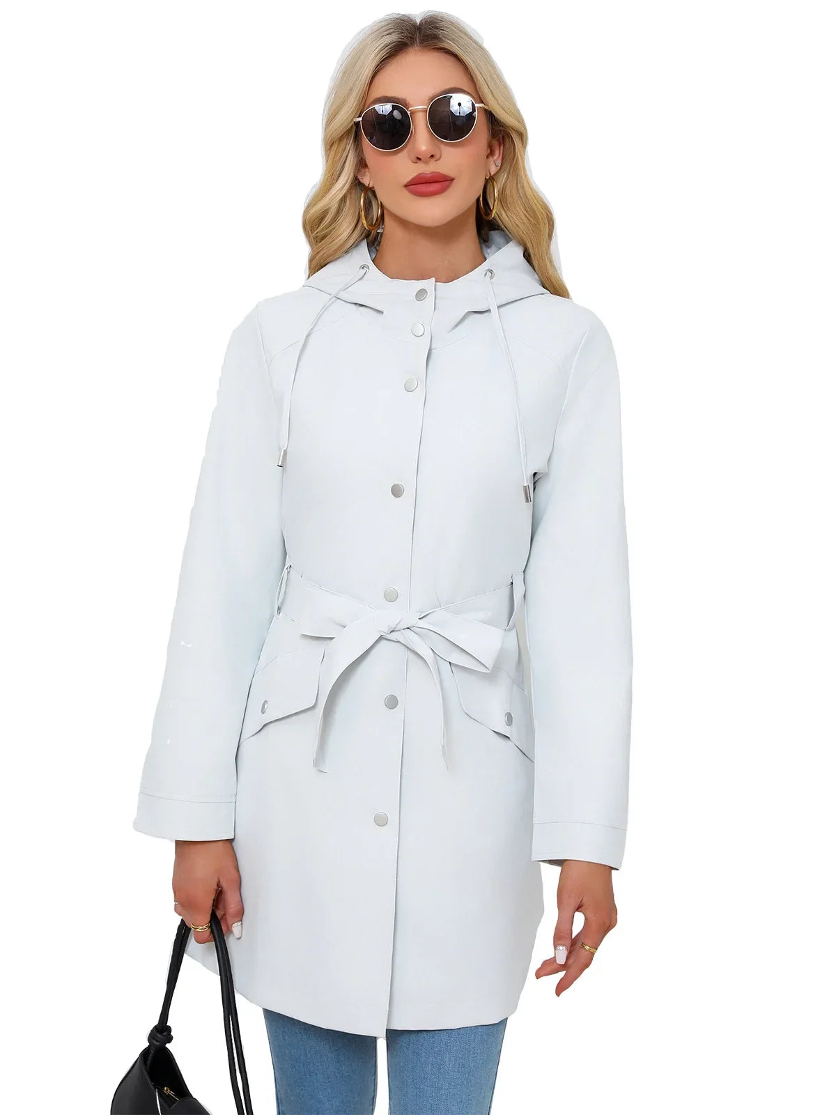 Damen Kurzmantel mit Kapuze und Gürtel, Übergangsjacke mit Knöpfen, Langarm Trenchcoat