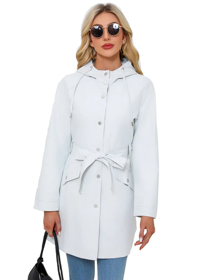 Damen Kurzmantel mit Kapuze und Gürtel, Übergangsjacke mit Knöpfen, Langarm Trenchcoat