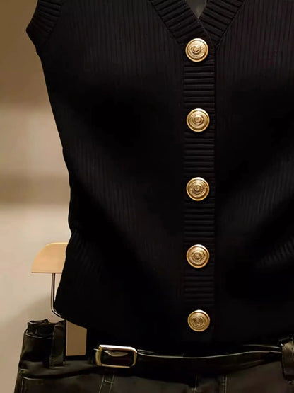 Black women's knitted vest V-neck gold buttons sleeveless ribbed knit