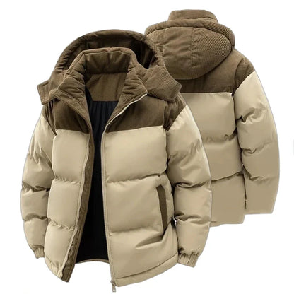 Men's Padded Winter Jacket with Hood, Corduroy Collar and Color-Block Design