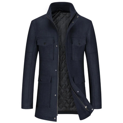 Men's wool jacket with stand-up collar, winter coat with zipper and buttons