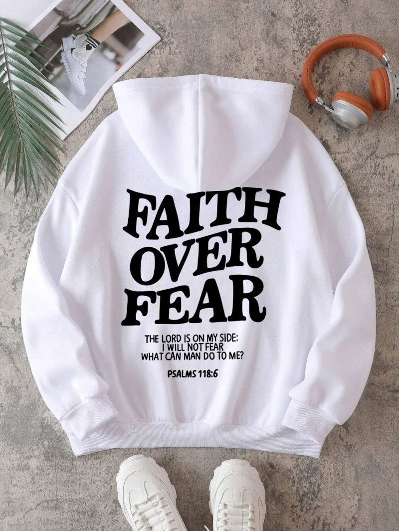 Hoodie with "Faith Over Fear" lettering and Bible quote, oversized hoodie