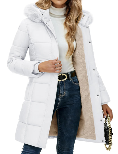 Damen Winter Steppmantel mit Kapuze, Teddyfutter und Kunstpelzbesatz