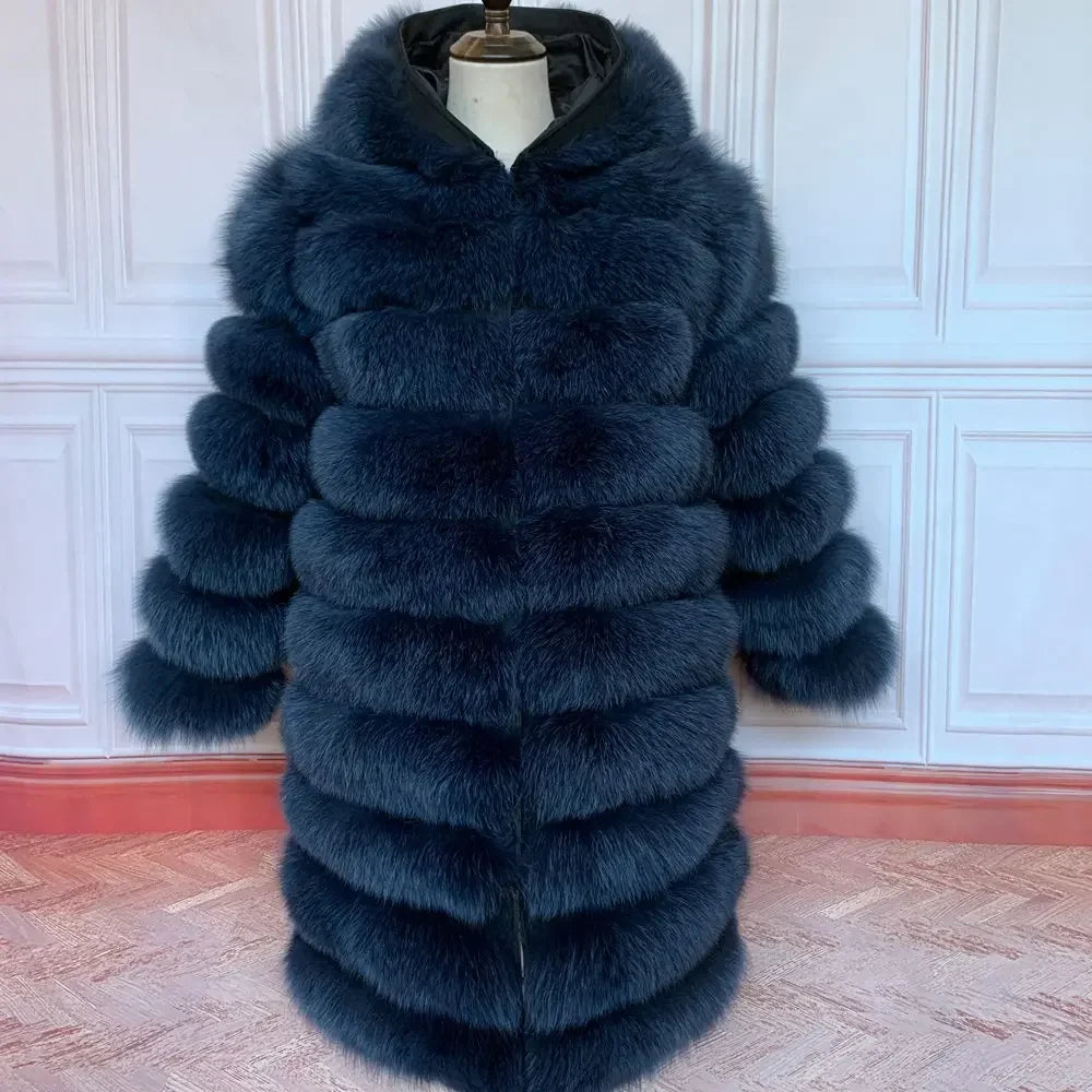 Women's winter faux fur coat with hood, long sleeves, warm jacket, striped
