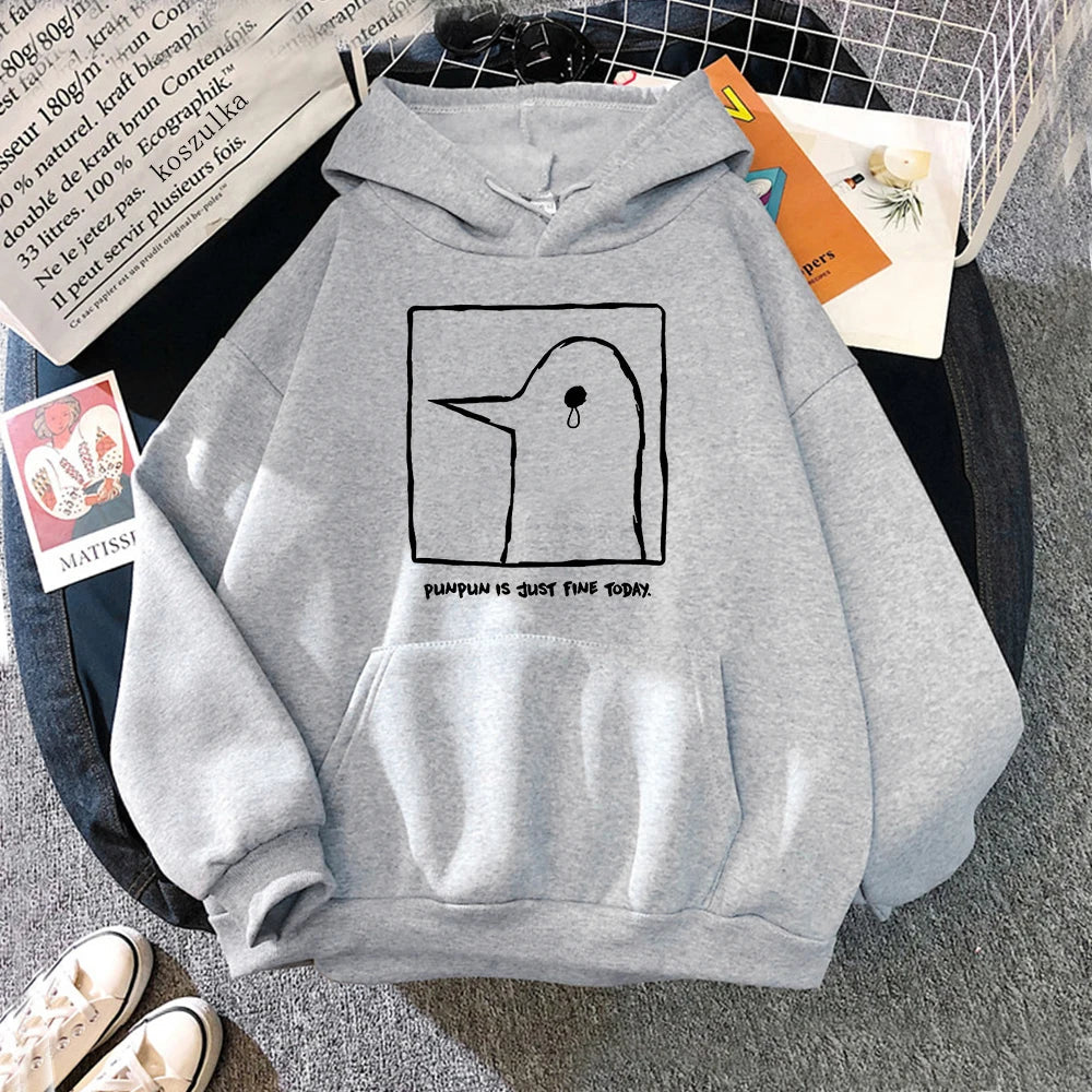 Hoodie or sweatshirt with cartoon bird motif, "Punpun is just fine today" print