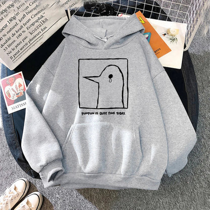 Hoodie or sweatshirt with cartoon bird motif, "Punpun is just fine today" print