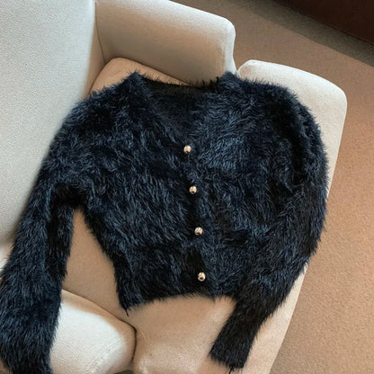 Women's fluffy cardigan with V-neck and gold buttons