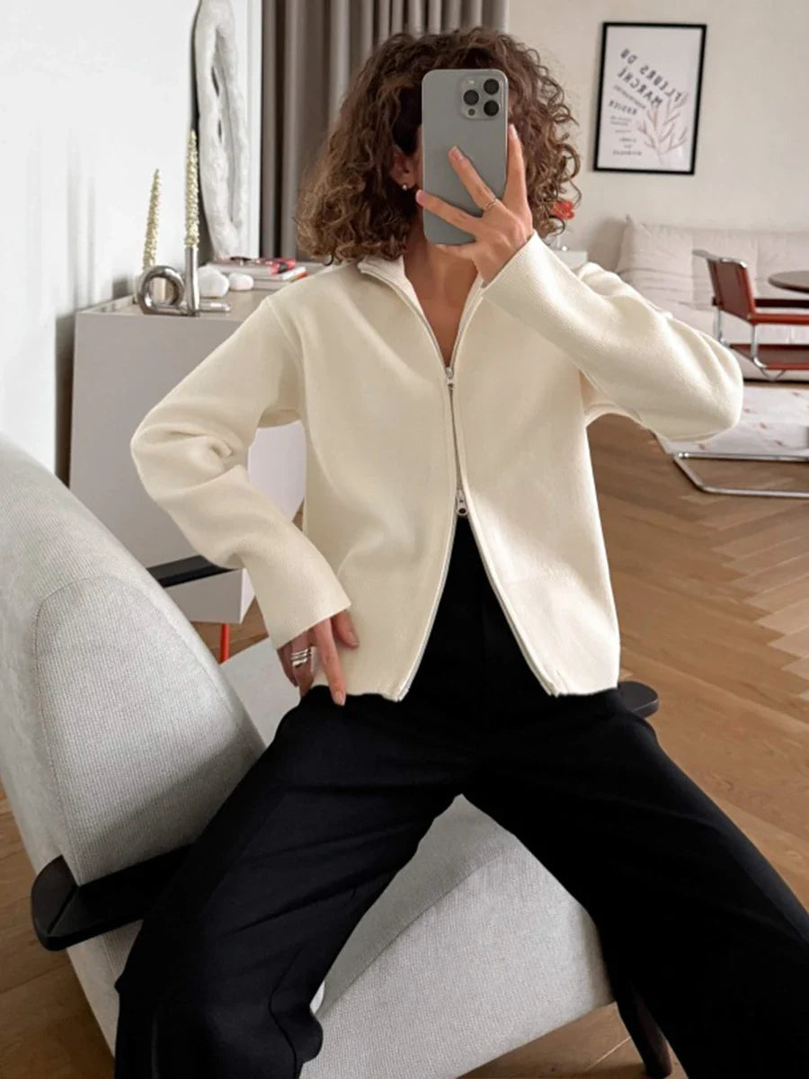 Damen Strickjacke mit Reißverschluss und Stehkragen, langärmlig