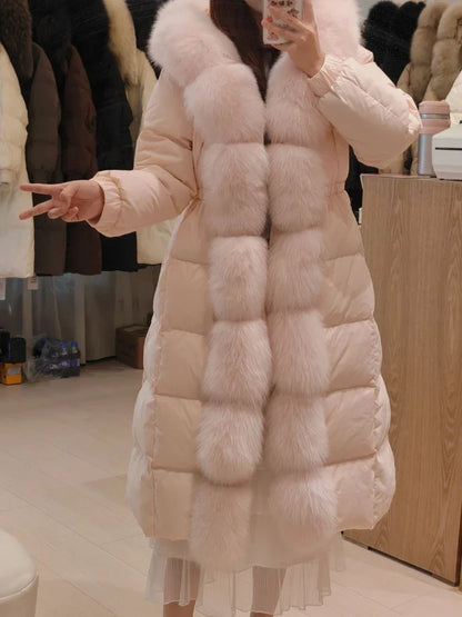 Women's Long Down Coat with Hood and Faux Fur Trim, Warm Winter Jacket