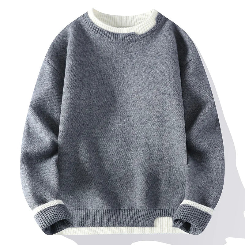 Unisex Two-Tone Crew-Neck Knit Sweater Pink Beige Black Gray Khaki Blue