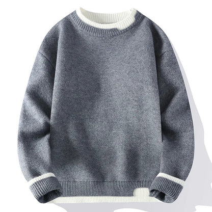 Unisex Two-Tone Crew-Neck Knit Sweater Pink Beige Black Gray Khaki Blue