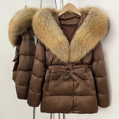 Damen Daunenjacke mit Kapuze, Pelzbesatz und Gürtel
