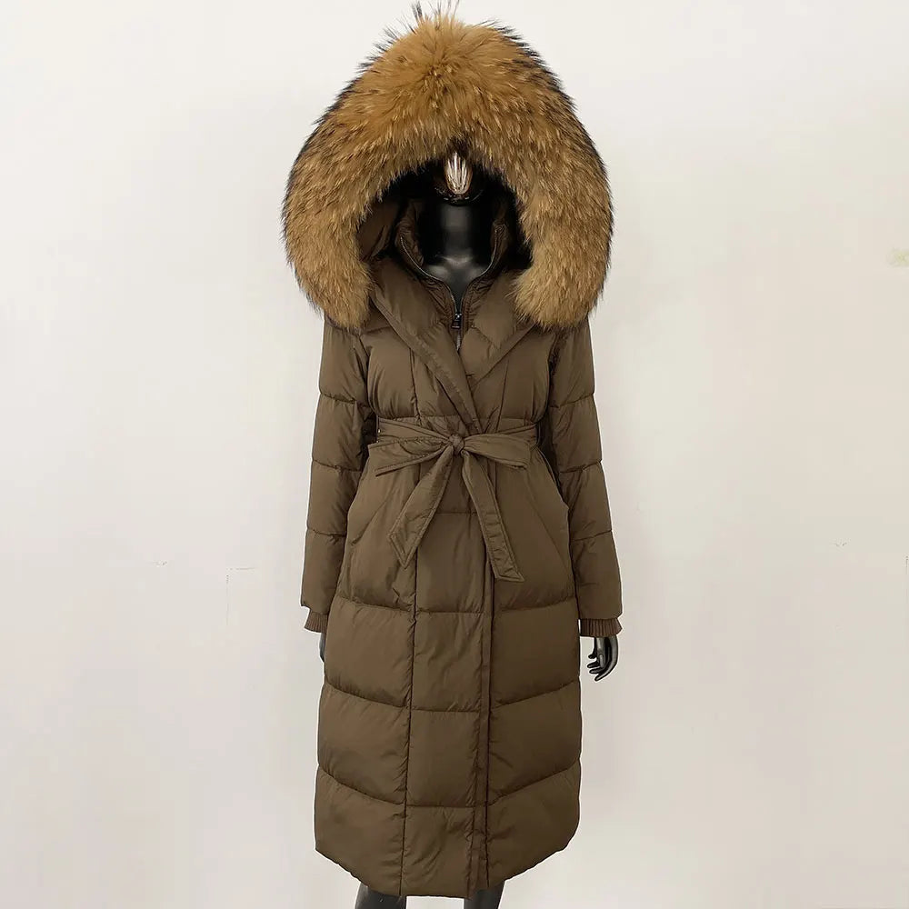 Women's quilted winter down coat with faux fur trim and belt
