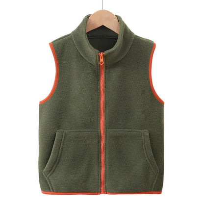 Children's fleece vest with zipper and stand-up collar