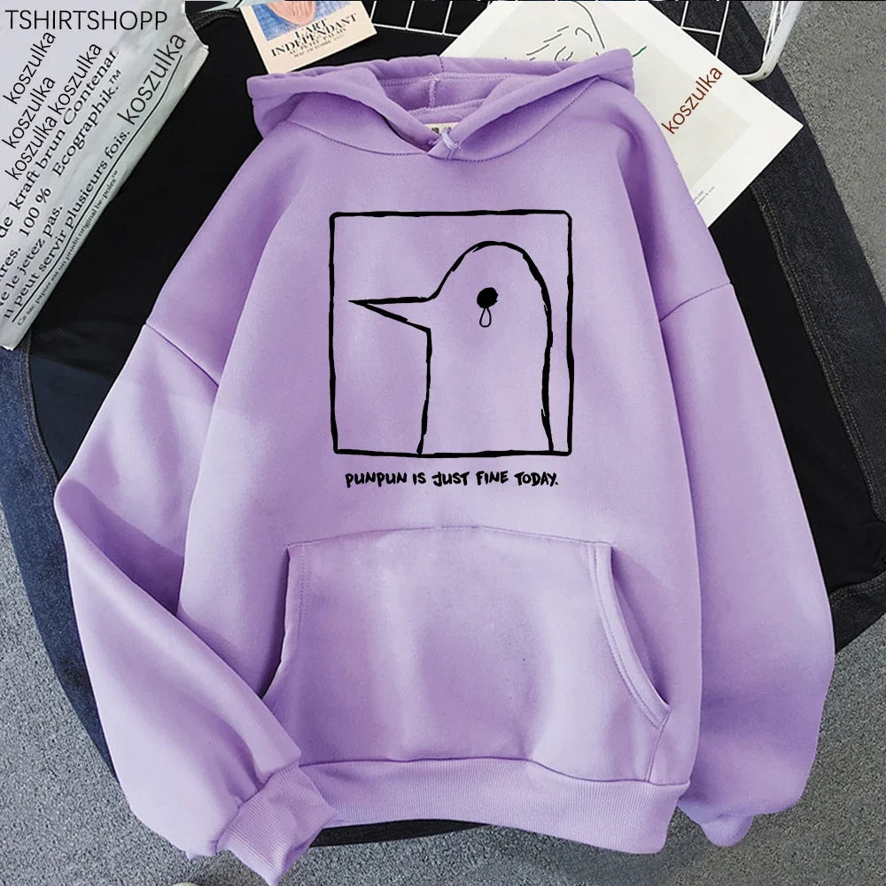 Hoodie or sweatshirt with cartoon bird motif, "Punpun is just fine today" print