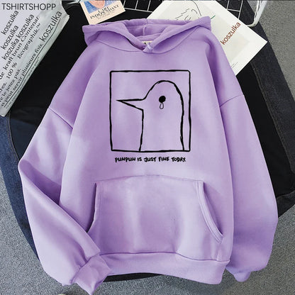Hoodie or sweatshirt with cartoon bird motif, "Punpun is just fine today" print