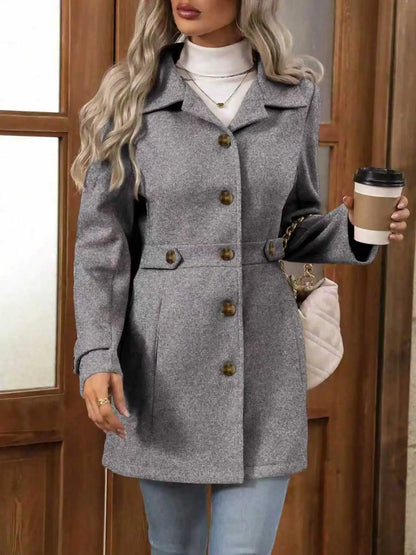 Women's Short Coat with Notched Collar and Button Placket, Gray