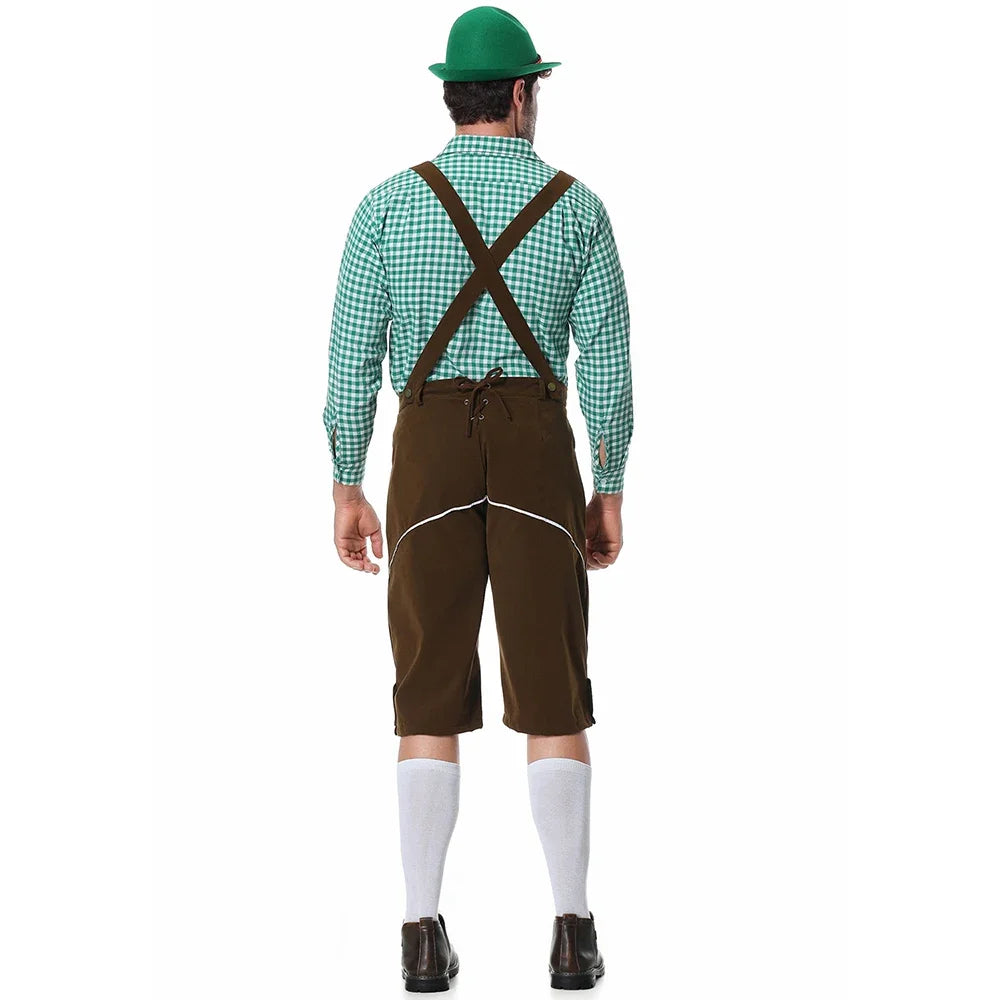 Men's traditional leather pants set with shirt and suspenders, black or brown