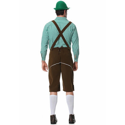 Men's traditional leather pants set with shirt and suspenders, black or brown